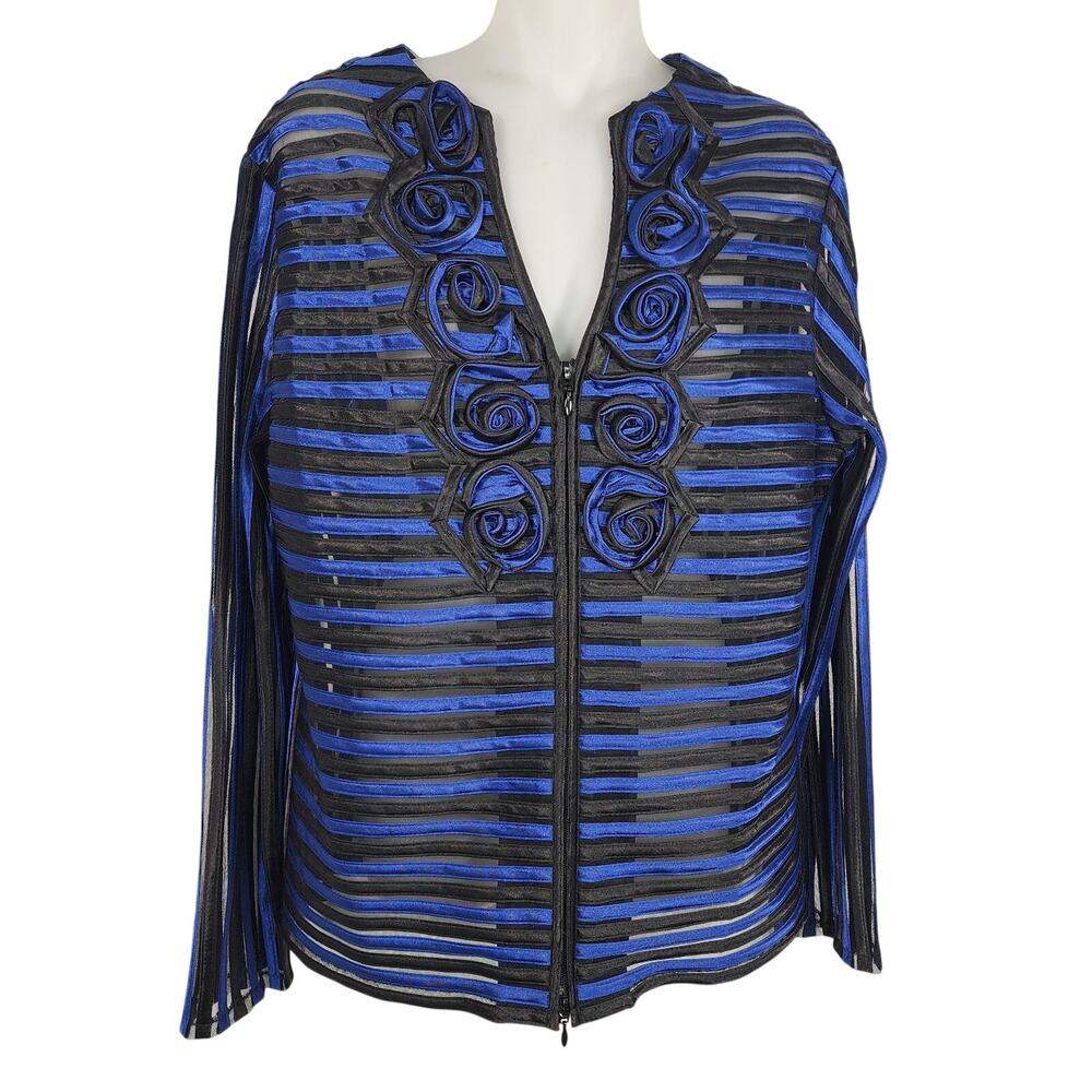 T&W Designs Women Jacket Full Zip Rosettes Striped Blue Black Sheer Long Sleeve